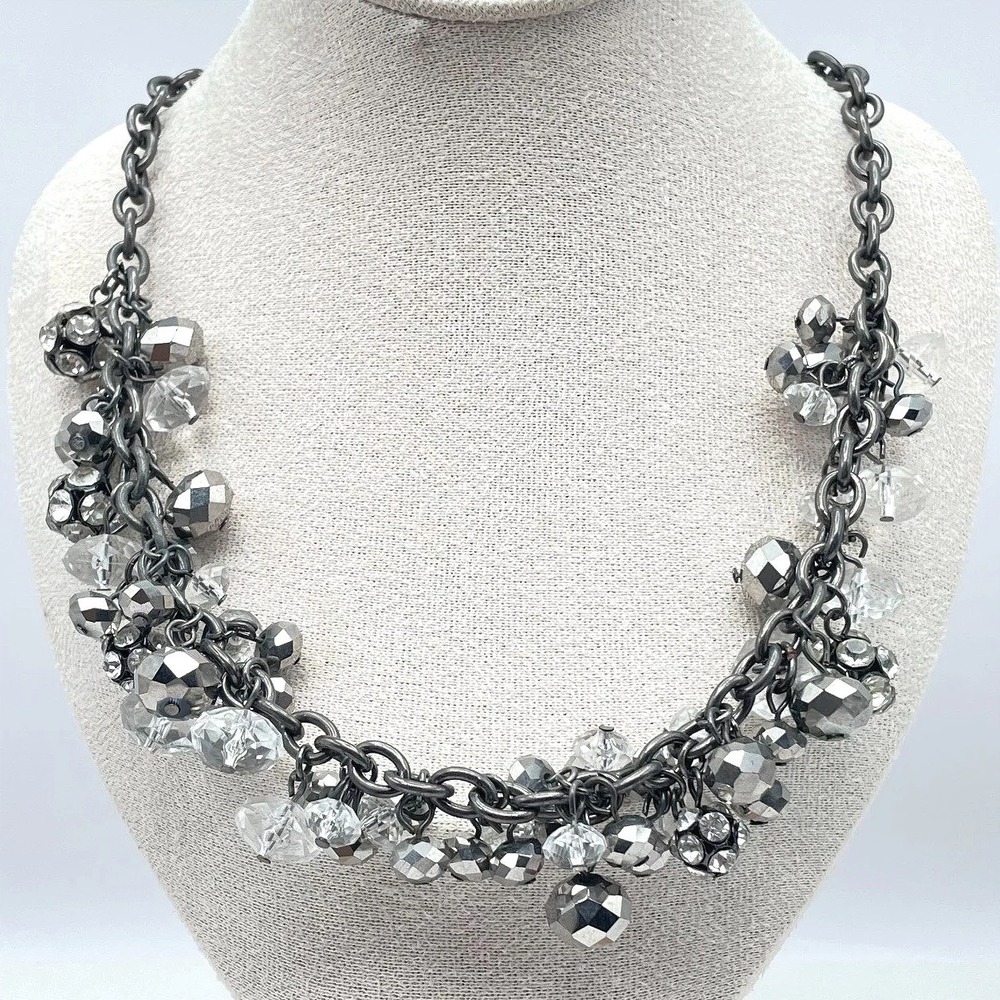 VTG Vera Wang Gunmetal Choker Necklace Metallic Clear Faceted Bead Statement Y2K